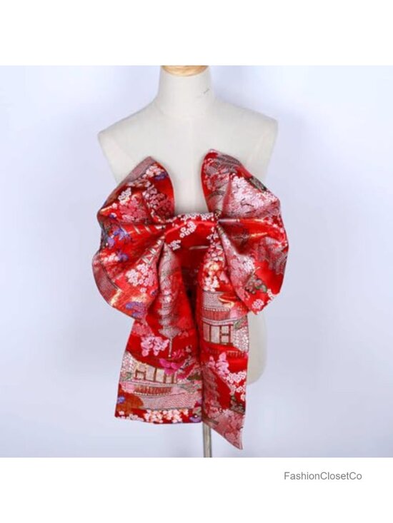 Vintage Jacquard Obi Belt with Pre-Tied Bow, Kimono Accessory